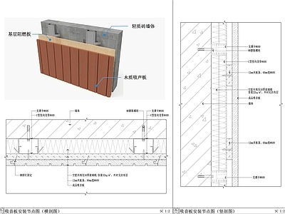 墙面节点 吸音板墙面节点图 格栅吸音板安装图 会议室吸音板 报告厅吸音板 木饰面节点 施工图
