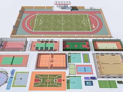 现代运动风体育建筑 运动场组合   足球场 篮球场 羽毛球场 操场