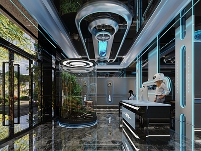 赛博朋克风酒店走廊 ktv 前台 小景