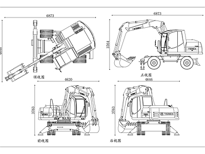 机械设备 轮胎挖机 轮式挖机 胶轮挖机 轮式钩机 胶轮钩机 施工图