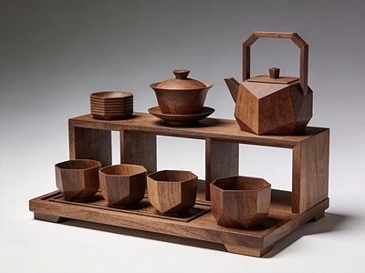新中式茶具 茶具木雕 整体  AI渲染 摆件 美陈