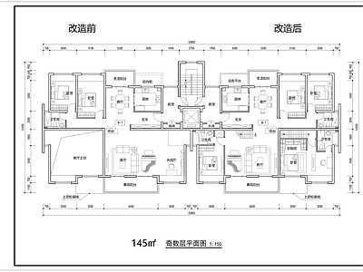 现代住宅楼建筑 跃层 T2 145平米 住宅 平面图 施工图