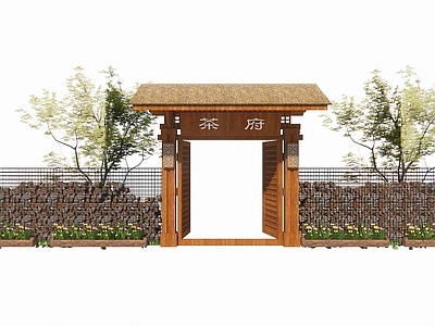 新中式入口大门 石材景墙绿植门口