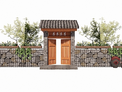 新中式入口大门 石材景墙绿植门口