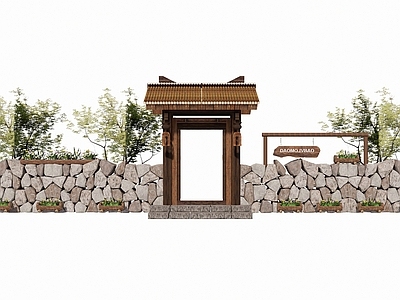 新中式入口大门 石材景墙绿植门口