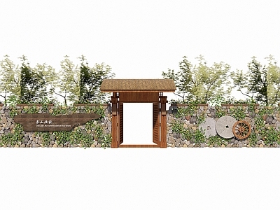 新中式入口大门 石材景墙绿植门口