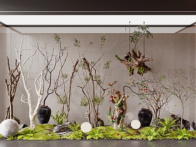 新中式艺术展厅 枯木绿植 室内景观 干枝 枯木 植物造景