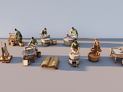 新中式多人 古代人物场景 造纸场景 微缩场景