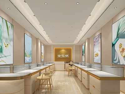 奶油风珠宝店 金包银 黄金珠宝店 门头 展柜