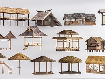 传统茅草建筑亭子 现代小木屋  茅草棚 茅草亭 小建筑 乡村建筑