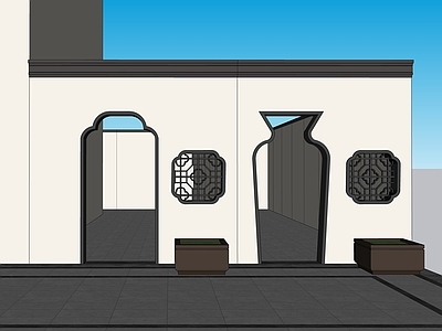 新中式风格建筑 中式月洞门 中式漏窗 漏窗 花箱 宝瓶门