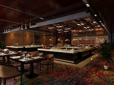 新中式酒店餐厅 现代轻奢自助餐厅 酒店餐厅 轻奢典雅 餐桌餐椅 水果拼盘