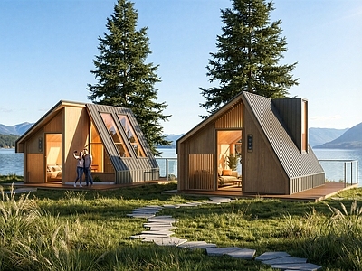 现代原木风木屋 两个木屋民宿 滨水木屋餐厅包间