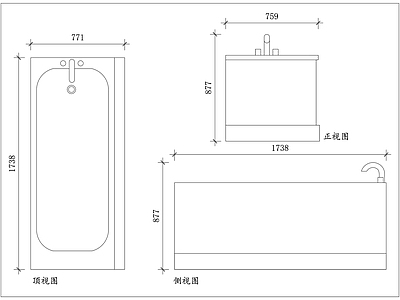 现代卫浴设施 普通浴缸 家用浴缸 常规浴缸 标准浴盆 通用浴缸 施工图