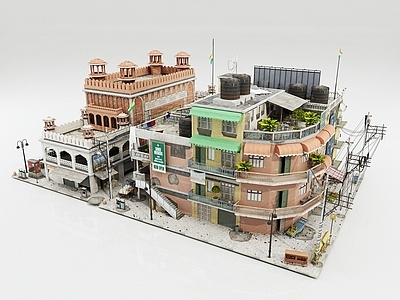 印度传统地域风格商业街 南亚街边建筑  城区建筑  居民楼  复古建筑  东南亚建筑