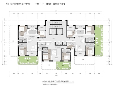 现代住宅楼建筑 第四代住宅 一梯三户 施工图