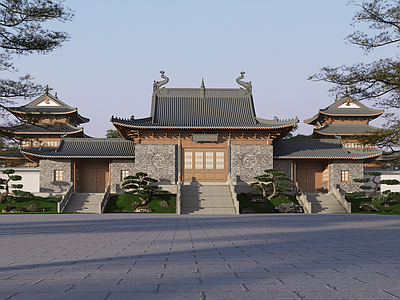新中式古建 寺庙山门 佛教寺庙 宗教建筑 斗拱 歇山顶