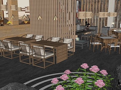 新中式茶馆 茶室室内空间 茶具茶杯 实木桌椅 室内独立空间 中式家具