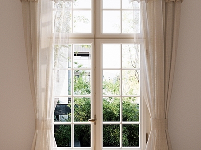 奶油风窗帘 法式双开平开窗 格条窗 罗马帘