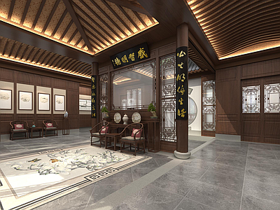 新中式大厅 中式门厅 中式接待区 中式椅子 中式建筑 中式玄关楼梯
