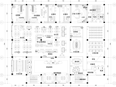 极简整体办公空间 平面图纸 大培训室 茶歇区 沙龙汇报厅 休闲区 施工图