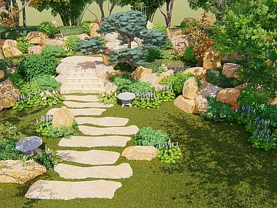 新中式景观别墅庭院 现代自然花园 自然台阶 排柏坡黄景石