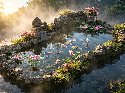 日式禅意鱼池 水景 锦鲤 庭院水景