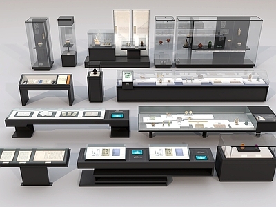 现代简约博物馆展厅 博物馆展柜 展厅文物展柜 展陈展台 玻璃展柜
