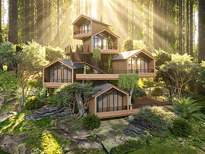 原木风民宿建筑 森林树屋