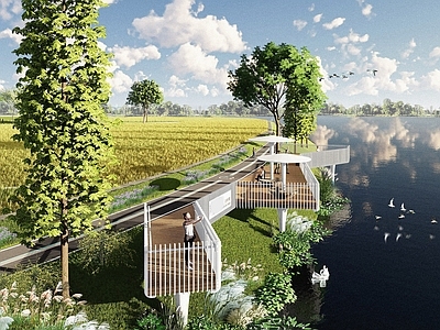 现代简约观景平台 现代亲水平台 公园湿地观景挑台 滨水观景平台 农田路边休闲节点 现代湿地观景栈道