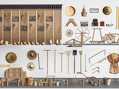 新中式农村文化展厅 新中式农耕小品  农具组合  乡村文化小品