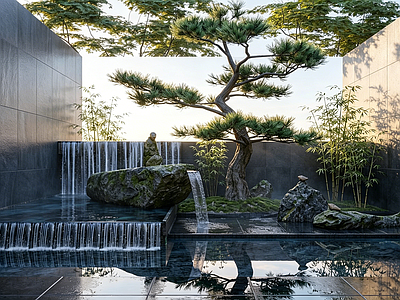 新中式假山水景 假山水景 竹子 造景 枯山水
