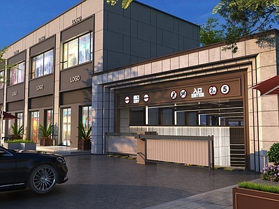 现代简约地下车库 夜景园区车库场景 住宅小区车库入口 行车杆商业街商铺 阳伞花坛花盆 灌木大树汽车小品