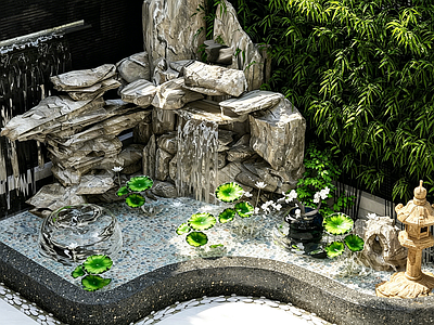 新中式景观假山水景 庭院假山水景 假山瀑布荷花 石灯笼竹林 鹅卵石荷花睡莲 翠竹竹林