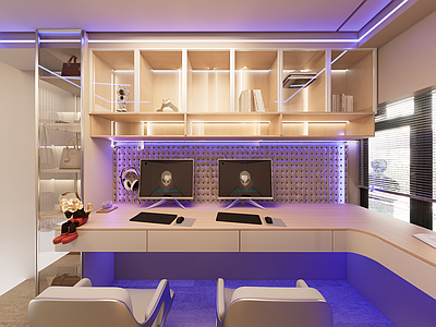 现代电竞风电竞房 电竞房 氛围感 展示柜 工作室