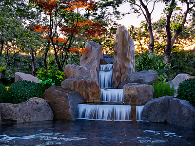 新中式景观跌水 景石水景 景石跌水景 景石溪流水景 景石瀑布水景 日式景石叠水景