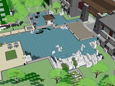 新中式景观小区景观 水景节点 景观节点