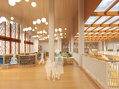 原木风图书馆 学校图书馆 阅览室 中庭大台阶 书店 弧形书架