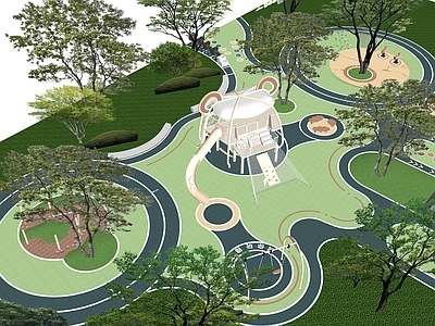 现代童趣风儿童游乐空间 流线儿童活动景观 滑梯动物儿童设施 攀爬坡秋千摇摇乐 架空层木桩织网 logo墙