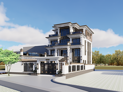 新中式独栋别墅 精模三层自建房 农村别墅