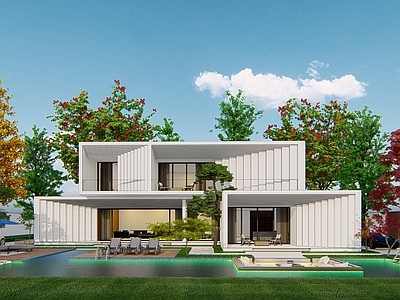 现代独栋别墅 别墅 花园 泳池