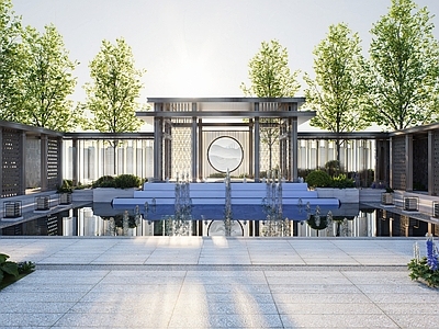 新中式廊架空间 景观连廊 景观廊架 景观亭 景观水景 廊架空间