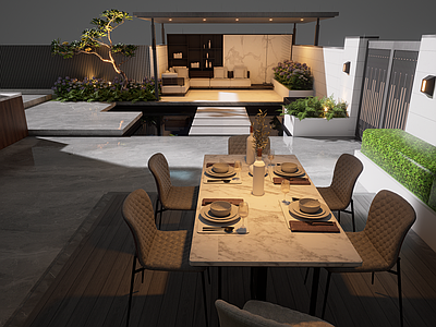 现代简约别墅庭院 现代简约轻奢静奢 内庭私宅阳台露台 混凝土石材水景 餐桌外摆大门廊架 放松享受度假茶歇