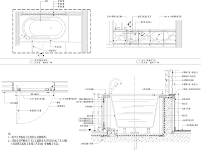 现代卫浴设施 浴缸安装节点 洗手台浴缸大样 施工图