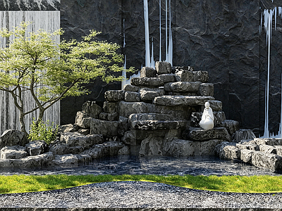 新中式景观假山水景 禅意水景墙  静坐雕塑 假山瀑布 造型树静水面 室内水景