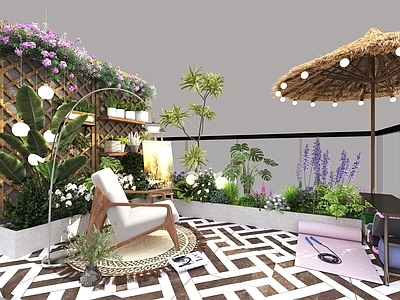 北欧阳台 现代居家阳台 屋顶花园露台 花池植物 花草灌木 户外桌椅