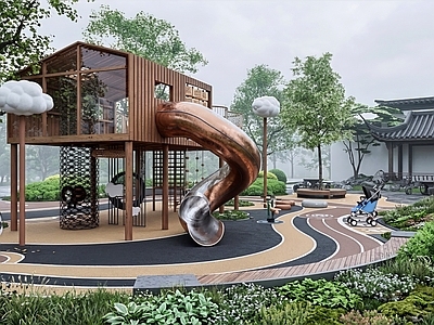 新中式景观儿童游乐空间 新中式儿童活动区 中式宅间活动场地 新中式儿童戏水池 新中式半亭 中式儿童景墙设施