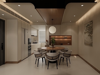 现代客餐厅 开放式厨房客餐厅 客餐厅 餐厨一体化 弧形吊顶无主灯 治愈风