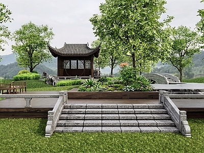 新中式景观别墅庭院 中式宅间活动场地 中式宅间会客厅 中式景观亭景墙
