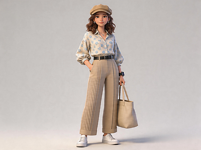 中古风虚拟人物 休闲通勤风少女 时尚穿搭 碎花衬衫少女 轻熟风职场丽人 贝雷帽休闲穿搭